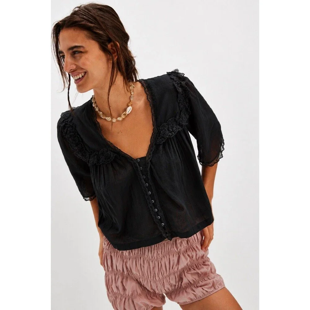 Free People Luna Top Black Sheer Cotton Ruffle Trim Boho Peasant Blouse